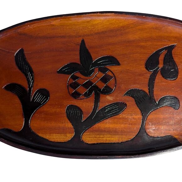 Vintage Hand-Carved Wooden Tray Floral Design Rustic Decorative Serving Plate - Picture 3 of 9